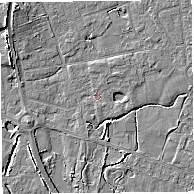 Shaded relief map of the ground around FY52WB, computed from Environment Agency LiDAR. The ground here sits at about 4 m above sea level and falls 7 m across the surrounding 800 m. Surface water reaching this point runs off ground lying to the north-east, 2.4 m higher.