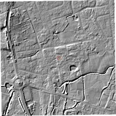 Shaded relief map of the ground around FY52WD, computed from Environment Agency LiDAR. The ground here sits at about 5 m above sea level and falls 7 m across the surrounding 800 m. Surface water reaching this point runs off ground lying to the north-north-east, 1.1 m higher.