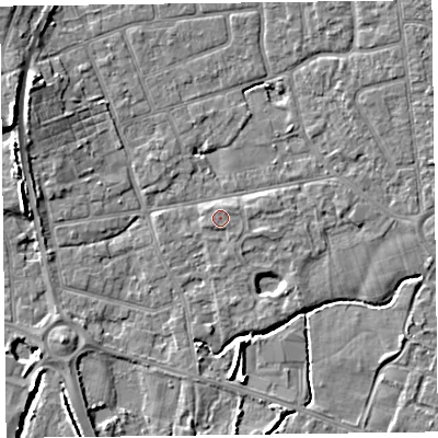 Shaded relief map of the ground around FY52WE, computed from Environment Agency LiDAR. The ground here sits at about 5 m above sea level and falls 7 m across the surrounding 800 m. Surface water reaching this point runs off ground lying to the north-east, 0.7 m higher.