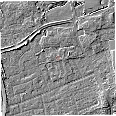 Shaded relief map of the ground around FY52WF, computed from Environment Agency LiDAR. The ground here sits at about 6 m above sea level and falls 5 m across the surrounding 800 m. The ground contributing surface water to this point lies to the east.