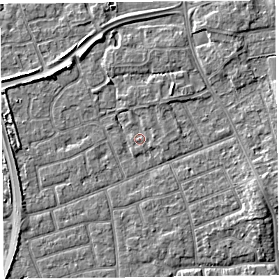Shaded relief map of the ground around FY52WG, computed from Environment Agency LiDAR. The ground here sits at about 5 m above sea level and falls 5 m across the surrounding 800 m. Surface water reaching this point runs off ground lying to the north-north-east, 1.4 m higher.