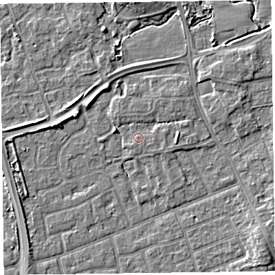 Shaded relief map of the ground around FY52WH, computed from Environment Agency LiDAR. The ground here sits at about 6 m above sea level and falls 5 m across the surrounding 800 m. Surface water reaching this point runs off ground lying to the north, 1.3 m higher.