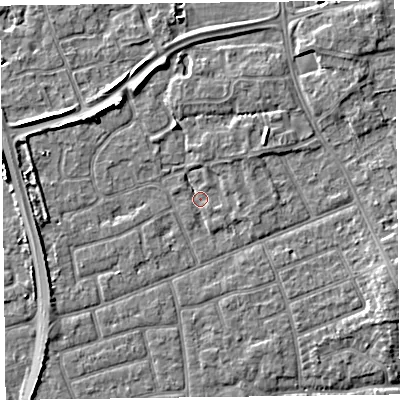 Shaded relief map of the ground around FY52WL, computed from Environment Agency LiDAR. The ground here sits at about 5 m above sea level and falls 5 m across the surrounding 800 m. Surface water reaching this point runs off ground lying to the north-north-west, 2.6 m higher.