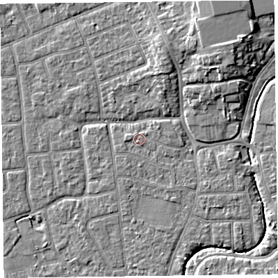 Shaded relief map of the ground around FY52WN, computed from Environment Agency LiDAR. The ground here sits at about 5 m above sea level and falls 7 m across the surrounding 800 m. Surface water reaching this point runs off ground lying to the west, 0.8 m higher.