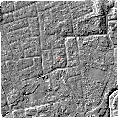 Shaded relief map of the ground around FY52WU, computed from Environment Agency LiDAR. The ground here sits at about 5 m above sea level and falls 6 m across the surrounding 800 m. The ground contributing surface water to this point lies to the south-south-west.