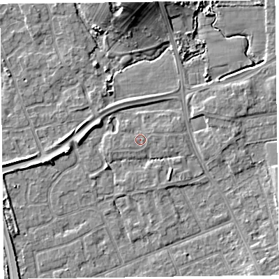 Shaded relief map of the ground around FY52YA, computed from Environment Agency LiDAR. The ground here sits at about 6 m above sea level and falls 11 m across the surrounding 800 m. Surface water reaching this point runs off ground lying to the west, 0.6 m higher.