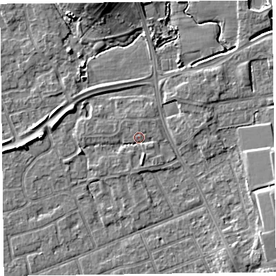 Shaded relief map of the ground around FY52YB, computed from Environment Agency LiDAR. The ground here sits at about 6 m above sea level and falls 8 m across the surrounding 800 m. Surface water reaching this point runs off ground lying to the south-south-east, 1.9 m higher.