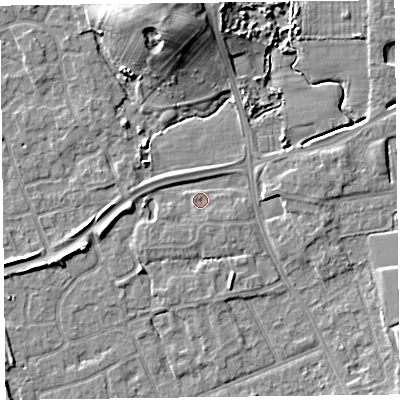 Shaded relief map of the ground around FY52YD, computed from Environment Agency LiDAR. The ground here sits at about 6 m above sea level and falls 11 m across the surrounding 800 m. Surface water reaching this point runs off ground lying to the west-south-west, 1.4 m higher.