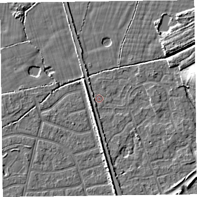 Shaded relief map of the ground around FY52ZA, computed from Environment Agency LiDAR. The ground here sits at about 5 m above sea level and falls 7 m across the surrounding 800 m. Surface water reaching this point runs off ground lying to the west-north-west, 1.5 m higher.