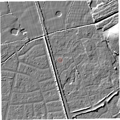 Shaded relief map of the ground around FY52ZB, computed from Environment Agency LiDAR. The ground here sits at about 5 m above sea level and falls 10 m across the surrounding 800 m. Surface water reaching this point runs off ground lying to the east-north-east, 9.2 m higher.