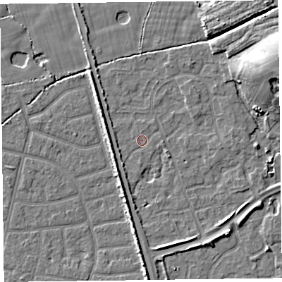 Shaded relief map of the ground around FY52ZD, computed from Environment Agency LiDAR. The ground here sits at about 5 m above sea level and falls 10 m across the surrounding 800 m. Surface water reaching this point runs off ground lying to the east-north-east, 9.6 m higher.