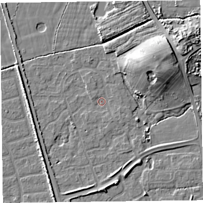Shaded relief map of the ground around FY52ZF, computed from Environment Agency LiDAR. The ground here sits at about 5 m above sea level and falls 11 m across the surrounding 800 m. Surface water reaching this point runs off ground lying to the north-east, 8.7 m higher.