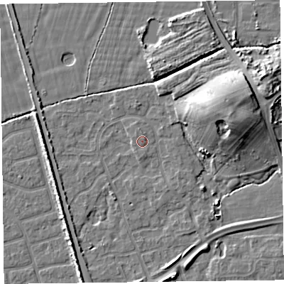 Shaded relief map of the ground around FY52ZG, computed from Environment Agency LiDAR. The ground here sits at about 6 m above sea level and falls 11 m across the surrounding 800 m. Surface water reaching this point runs off ground lying to the north, 0.7 m higher.