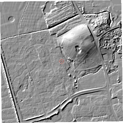 Shaded relief map of the ground around FY52ZH, computed from Environment Agency LiDAR. The ground here sits at about 6 m above sea level and falls 11 m across the surrounding 800 m. Surface water reaching this point runs off ground lying to the south, 0.6 m higher.