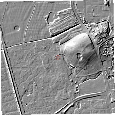 Shaded relief map of the ground around FY52ZN, computed from Environment Agency LiDAR. The ground here sits at about 6 m above sea level and falls 11 m across the surrounding 800 m. Surface water reaching this point runs off ground lying to the north-east, 1.3 m higher.