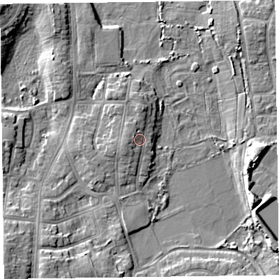 Shaded relief map of the ground around FY53AF, computed from Environment Agency LiDAR. The ground here sits at about 7 m above sea level and falls 9 m across the surrounding 800 m. Surface water reaching this point runs off ground lying to the west-north-west, 1.7 m higher.