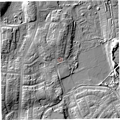 Shaded relief map of the ground around FY53AG, computed from Environment Agency LiDAR. The ground here sits at about 6 m above sea level and falls 9 m across the surrounding 800 m. Surface water reaching this point runs off ground lying to the north, 2.7 m higher.
