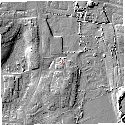Shaded relief map of the ground around FY53AJ, computed from Environment Agency LiDAR. The ground here sits at about 7 m above sea level and falls 9 m across the surrounding 800 m. Surface water reaching this point runs off ground lying to the south, 1.9 m higher.