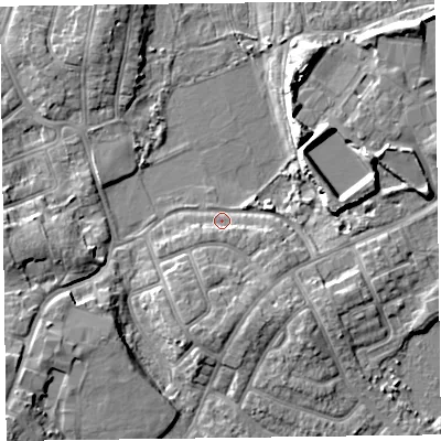Shaded relief map of the ground around FY53AL, computed from Environment Agency LiDAR. The ground here sits at about 6 m above sea level and falls 9 m across the surrounding 800 m. Surface water reaching this point runs off ground lying to the south-south-east, 4.4 m higher.