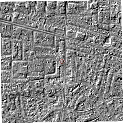 Shaded relief map of the ground around FY53AP, computed from Environment Agency LiDAR. The ground here sits at about 4 m above sea level and falls 2 m across the surrounding 800 m. Surface water reaching this point runs off ground lying to the north-east, 0.9 m higher.