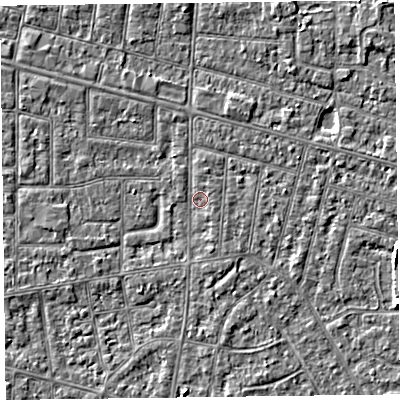 Shaded relief map of the ground around FY53AR, computed from Environment Agency LiDAR. The ground here sits at about 4 m above sea level and falls 4 m across the surrounding 800 m. Surface water reaching this point runs off ground lying to the north, 0.9 m higher.