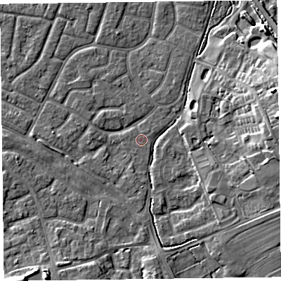 Shaded relief map of the ground around FY53AS, computed from Environment Agency LiDAR. The ground here sits at about 4 m above sea level and falls 12 m across the surrounding 800 m. Surface water reaching this point runs off ground lying to the east, 12.3 m higher.