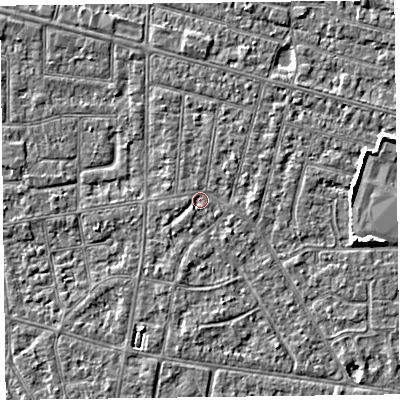 Shaded relief map of the ground around FY53AT, computed from Environment Agency LiDAR. The ground here sits at about 4 m above sea level and falls 4 m across the surrounding 800 m. Surface water reaching this point runs off ground lying to the east-north-east, 2.5 m higher.