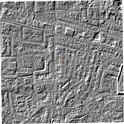 Shaded relief map of the ground around FY53AU, computed from Environment Agency LiDAR. The ground here sits at about 5 m above sea level and falls 4 m across the surrounding 800 m. The ground contributing surface water to this point lies to the south.