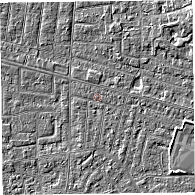 Shaded relief map of the ground around FY53AX, computed from Environment Agency LiDAR. The ground here sits at about 5 m above sea level and falls 5 m across the surrounding 800 m. The ground contributing surface water to this point lies to the east.