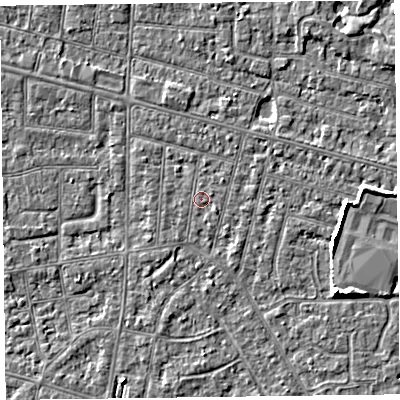 Shaded relief map of the ground around FY53AY, computed from Environment Agency LiDAR. The ground here sits at about 5 m above sea level and falls 4 m across the surrounding 800 m. Surface water reaching this point runs off ground lying to the east, 2.7 m higher.