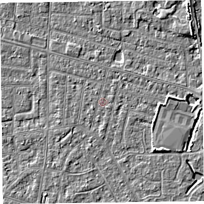 Shaded relief map of the ground around FY53AZ, computed from Environment Agency LiDAR. The ground here sits at about 5 m above sea level and falls 6 m across the surrounding 800 m. Surface water reaching this point runs off ground lying to the south-east, 0.6 m higher.
