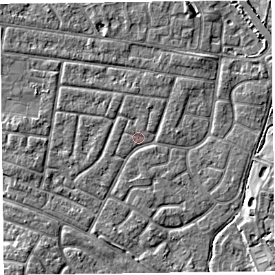 Shaded relief map of the ground around FY53BA, computed from Environment Agency LiDAR. The ground here sits at about 4 m above sea level and falls 4 m across the surrounding 800 m. Surface water reaching this point runs off ground lying to the south-south-west, 1.5 m higher.