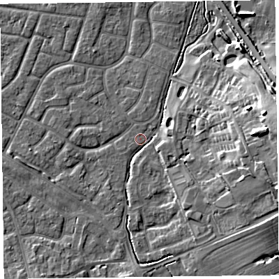 Shaded relief map of the ground around FY53BB, computed from Environment Agency LiDAR. The ground here sits at about 4 m above sea level and falls 12 m across the surrounding 800 m. Surface water reaching this point runs off ground lying to the east, 12.3 m higher.