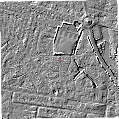 Shaded relief map of the ground around FY53BD, computed from Environment Agency LiDAR. The ground here sits at about 5 m above sea level and falls 5 m across the surrounding 800 m. Surface water reaching this point runs off ground lying to the north-west, 4.5 m higher.