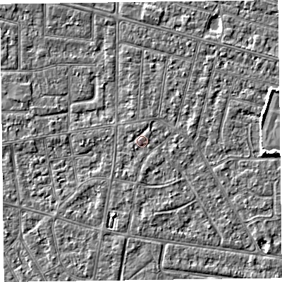 Shaded relief map of the ground around FY53BE, computed from Environment Agency LiDAR. The ground here sits at about 5 m above sea level and falls 4 m across the surrounding 800 m. Surface water reaching this point runs off ground lying to the west-north-west, 0.7 m higher.