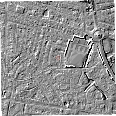 Shaded relief map of the ground around FY53BF, computed from Environment Agency LiDAR. The ground here sits at about 4 m above sea level and falls 6 m across the surrounding 800 m. Surface water reaching this point runs off ground lying to the north-west, 0.5 m higher.