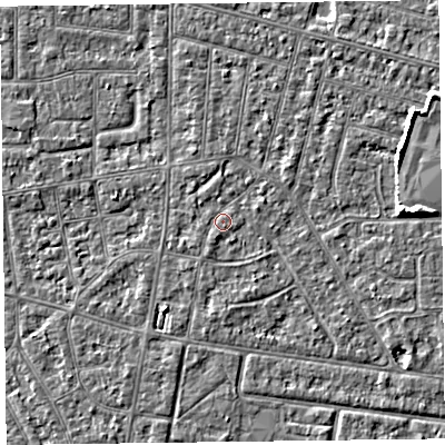 Shaded relief map of the ground around FY53BG, computed from Environment Agency LiDAR. The ground here sits at about 5 m above sea level and falls 4 m across the surrounding 800 m. Surface water reaching this point runs off ground lying to the south-south-west, 0.6 m higher.