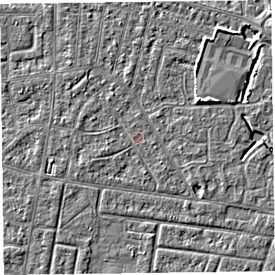 Shaded relief map of the ground around FY53BH, computed from Environment Agency LiDAR. The ground here sits at about 4 m above sea level and falls 5 m across the surrounding 800 m. The ground contributing surface water to this point lies to the north-north-east.