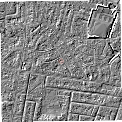 Shaded relief map of the ground around FY53BJ, computed from Environment Agency LiDAR. The ground here sits at about 4 m above sea level and falls 5 m across the surrounding 800 m. Surface water reaching this point runs off ground lying to the south-south-east, 1.1 m higher.