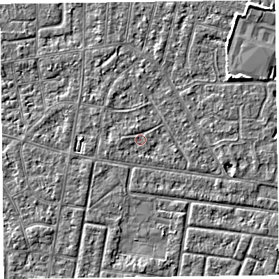 Shaded relief map of the ground around FY53BL, computed from Environment Agency LiDAR. The ground here sits at about 4 m above sea level and falls 5 m across the surrounding 800 m. Surface water reaching this point runs off ground lying to the north-north-west, 0.8 m higher.