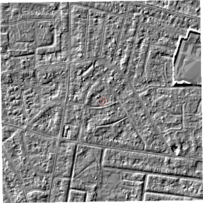 Shaded relief map of the ground around FY53BN, computed from Environment Agency LiDAR. The ground here sits at about 4 m above sea level and falls 4 m across the surrounding 800 m. Surface water reaching this point runs off ground lying to the west-north-west, 0.8 m higher.