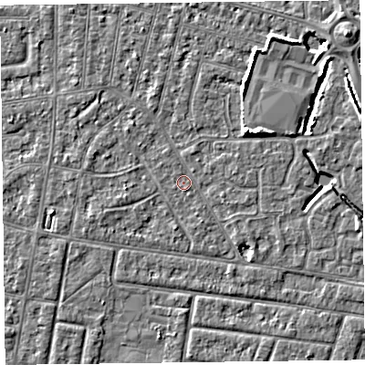 Shaded relief map of the ground around FY53BP, computed from Environment Agency LiDAR. The ground here sits at about 4 m above sea level and falls 5 m across the surrounding 800 m. Surface water reaching this point runs off ground lying to the north-east, 4.7 m higher.