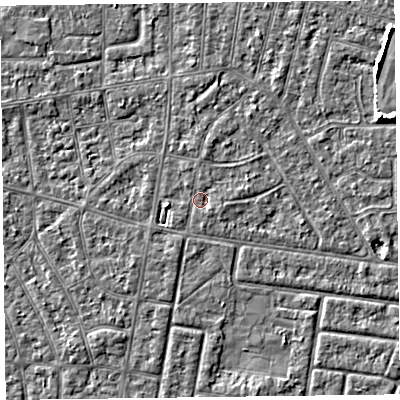 Shaded relief map of the ground around FY53BQ, computed from Environment Agency LiDAR. The ground here sits at about 4 m above sea level and falls 4 m across the surrounding 800 m. Surface water reaching this point runs off ground lying to the east-north-east, 1.1 m higher.