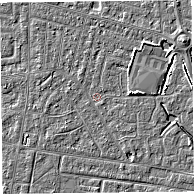 Shaded relief map of the ground around FY53BS, computed from Environment Agency LiDAR. The ground here sits at about 4 m above sea level and falls 5 m across the surrounding 800 m. Surface water reaching this point runs off ground lying to the east, 4.7 m higher.