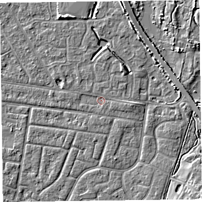 Shaded relief map of the ground around FY53BT, computed from Environment Agency LiDAR. The ground here sits at about 4 m above sea level and falls 5 m across the surrounding 800 m. Surface water reaching this point runs off ground lying to the east, 1.3 m higher.