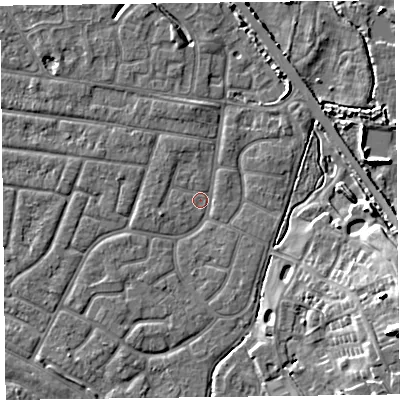 Shaded relief map of the ground around FY53BU, computed from Environment Agency LiDAR. The ground here sits at about 4 m above sea level and falls 13 m across the surrounding 800 m. Surface water reaching this point runs off ground lying to the north-north-east, 3.2 m higher.