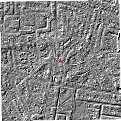 Shaded relief map of the ground around FY53BW, computed from Environment Agency LiDAR. The ground here sits at about 4 m above sea level and falls 4 m across the surrounding 800 m. Surface water reaching this point runs off ground lying to the east, 0.7 m higher.