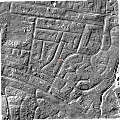 Shaded relief map of the ground around FY53BX, computed from Environment Agency LiDAR. The ground here sits at about 4 m above sea level and falls 4 m across the surrounding 800 m. Surface water reaching this point runs off ground lying to the south, 1.5 m higher.