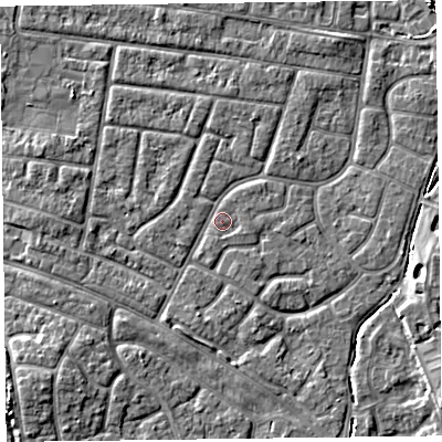 Shaded relief map of the ground around FY53BY, computed from Environment Agency LiDAR. The ground here sits at about 4 m above sea level and falls 4 m across the surrounding 800 m. Surface water reaching this point runs off ground lying to the south-south-west, 1.5 m higher.