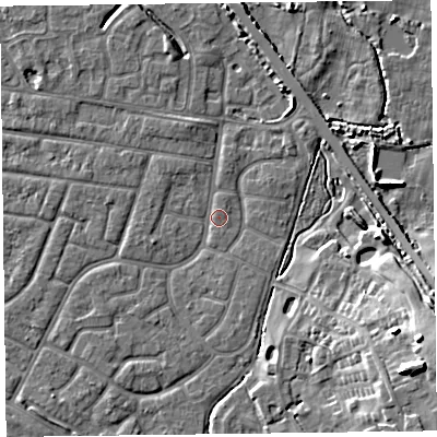Shaded relief map of the ground around FY53BZ, computed from Environment Agency LiDAR. The ground here sits at about 4 m above sea level and falls 13 m across the surrounding 800 m. Surface water reaching this point runs off ground lying to the north-north-east, 3.2 m higher.